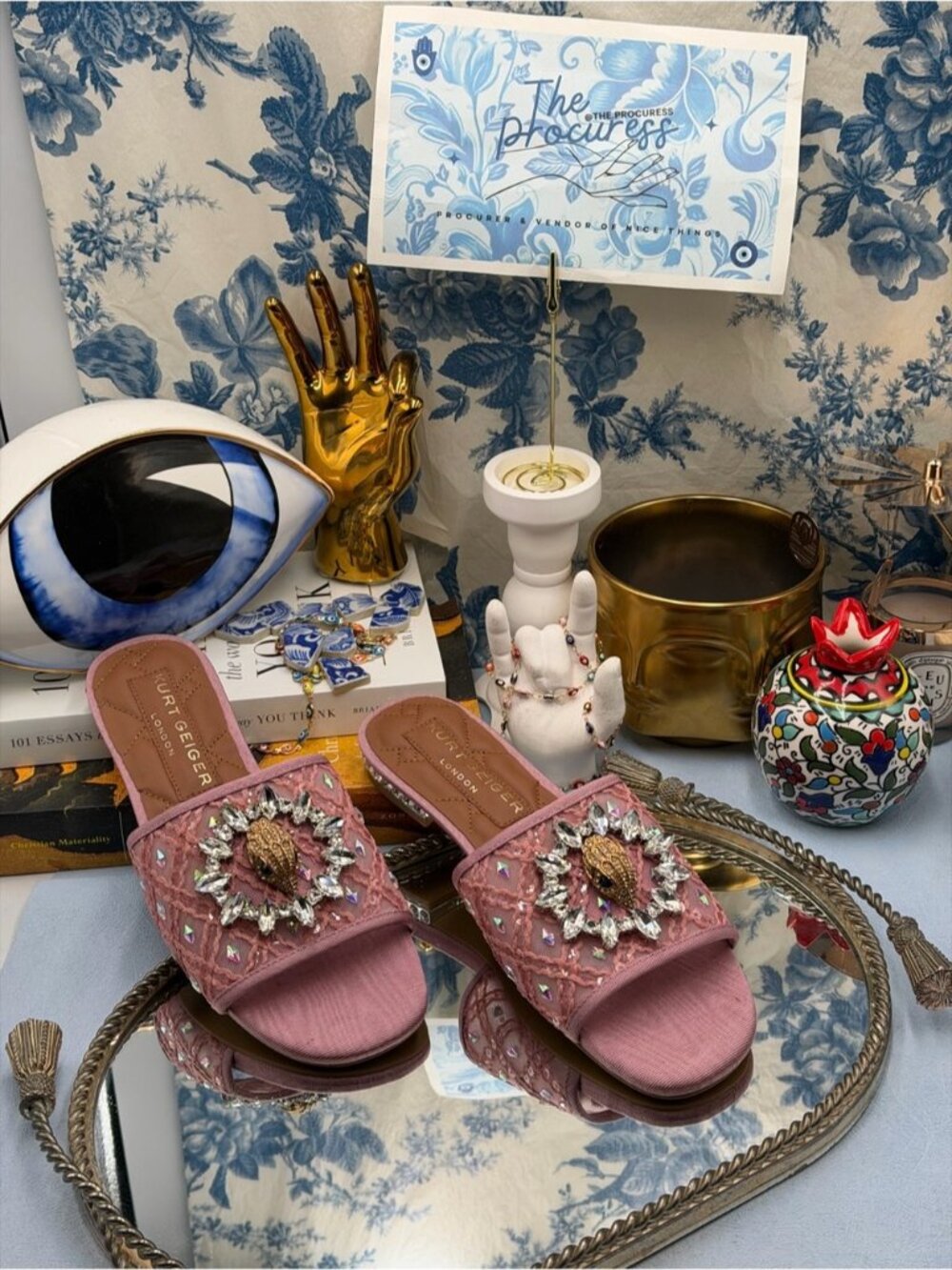 🆕 KURT GEIGER LONDON 🧿 NWOB Chelsea Flat Sandal, Pink Mesh Crystal, Sz 37 US 7